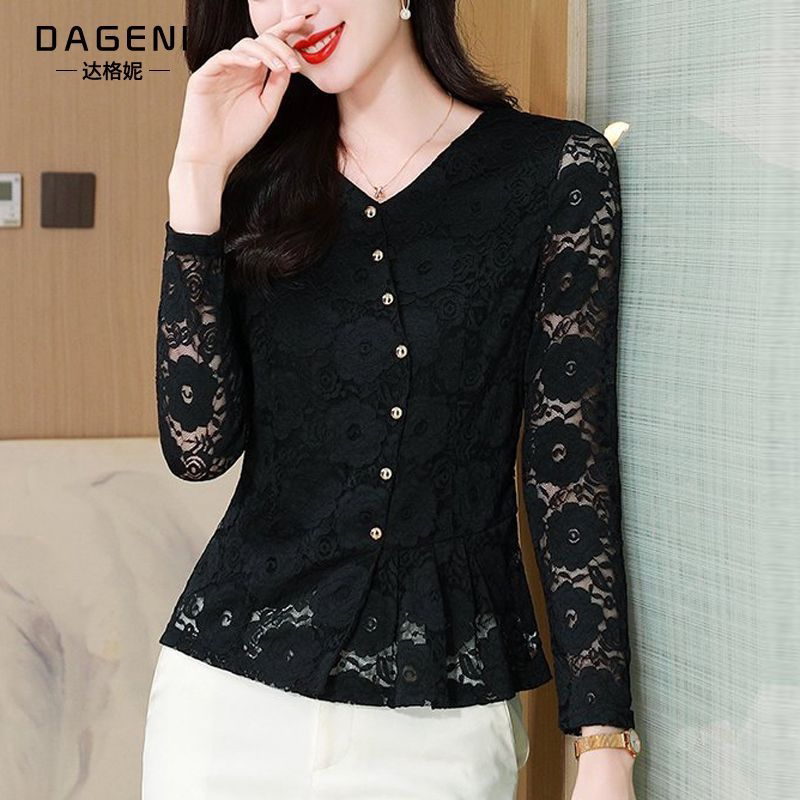 French-Style T-Shirt for Women, Long-Sleeved, 2026 Autumn New Model, Waist-Cinching, Tummy-Covering Top, Stylish Ruffled Lace Blouse