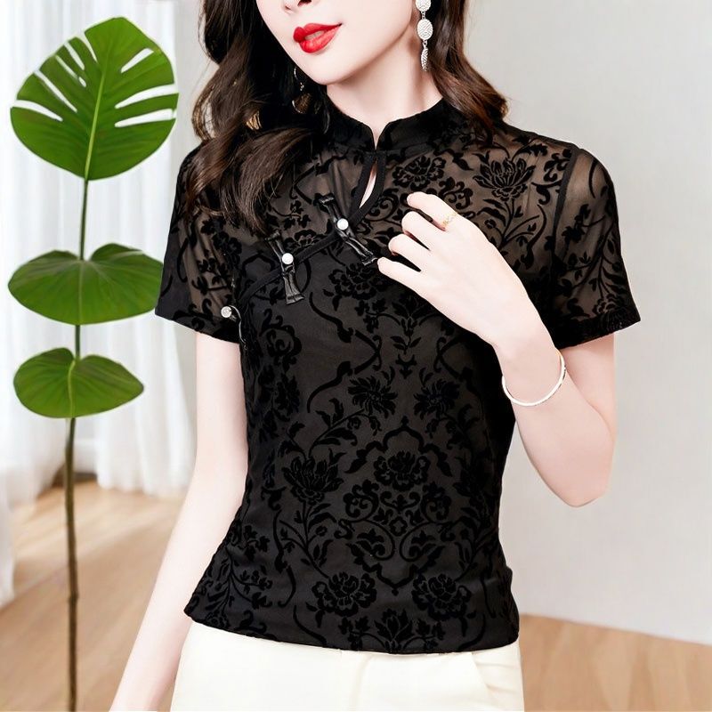 Black Mesh T-Shirt Short-Sleeved Summer New Style Fashionable Bottoming Shirt Chinese Style Retro Button Lace Top Black Mesh T-Shirt Short-Sleeved Summer New Style Fashionable Bottoming Shirt Chinese Style Retro Button Lace Top