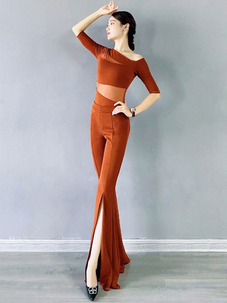 Personality beveled collar mid-sleeve sexy mesh yarn shape body etiquette set tutor female training academy 2021 dance suit