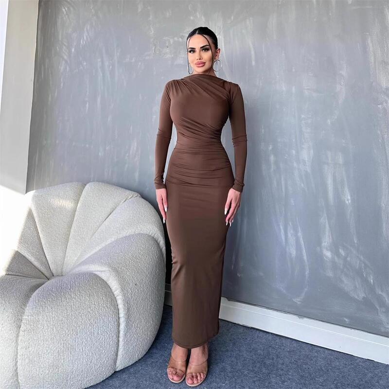 ins European and American Style 2024 Autumn and Winter New Fashion Round Neck Long Sleeve Slim Fit Bodycon Long Dress Solid Color Elegant Dress