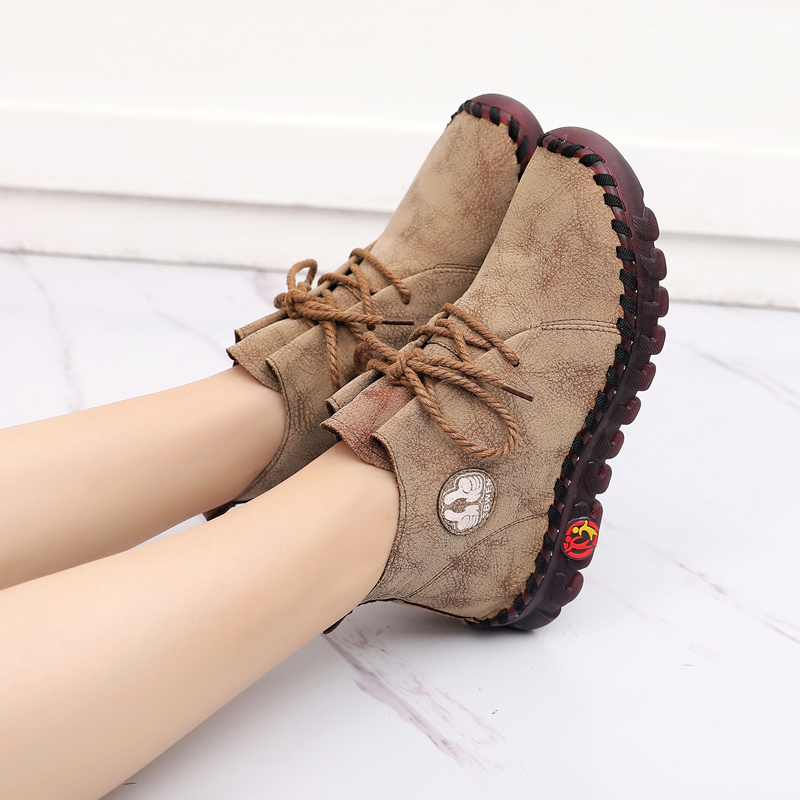 Women's Short Boots 2025 New Style Genuine Leather Flat Lace-Up Single Boots Soft Sole Versatile Rubber Sole Mom Shoes Casual Martin Boots