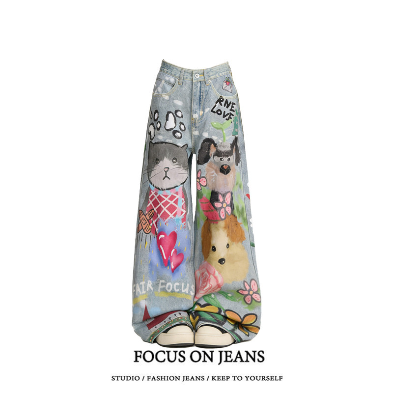 American Street Style Animal Print Jeans for Women 2026 Spring New Creative Graffiti Niche Straight Wide-Leg Pants American Street Style Animal Print Jeans for Women 2026 Spring New Creative Graffiti Niche Straight Wide-Leg Pants