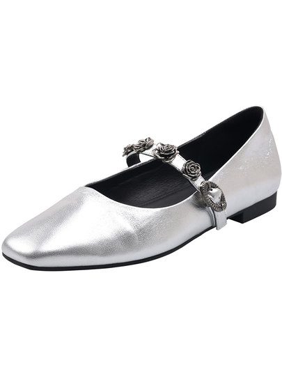 Genuine Leather Square Toe Camellia Buckle Mary Jane Shoes for Women Silver Shallow Mouth Women's Shoes Comfortable and Versatile Flats Shoes