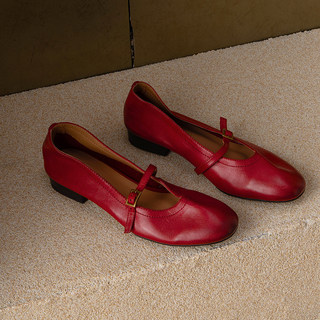 真皮红色玛丽珍女鞋2026新款伴娘婚鞋不累脚超软底软面浅口单鞋女