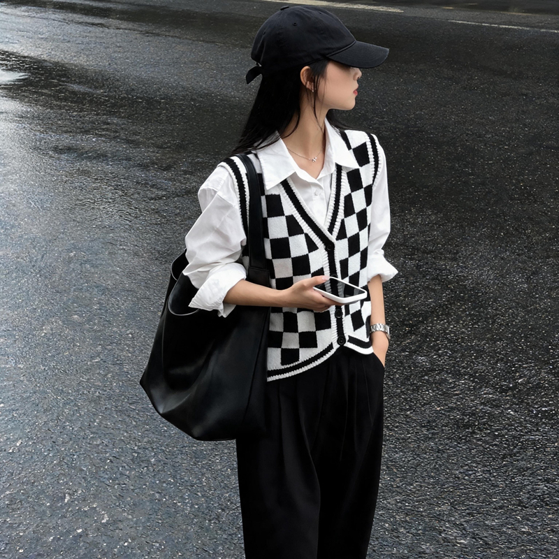 Black and White Checkerboard Knit Cardigan Sweater Vest for Women 2026 Autumn and Winter Layered Sleeveless Vest Top Black and White Checkerboard Knit Cardigan Sweater Vest for Women 2026 Autumn and Winter Layered Sleeveless Vest Top
