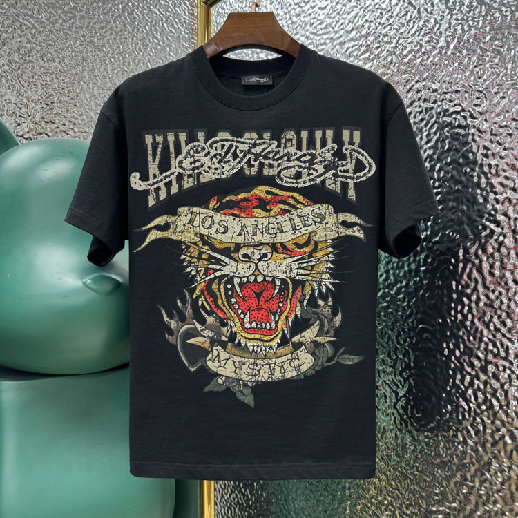 Ed New Tiger Head Ribbon Rhinestone Print Fashion Pure Cotton Couple Style Round Neck Men's Short-Sleeve T-Shirt Base Shirt