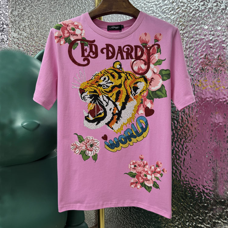 2026Ed New Colorful Tiger Head Rose Flower Rhinestone Printed Pure Cotton Round Neck Short-Sleeved T-Shirt Loose Base Shirt for Women