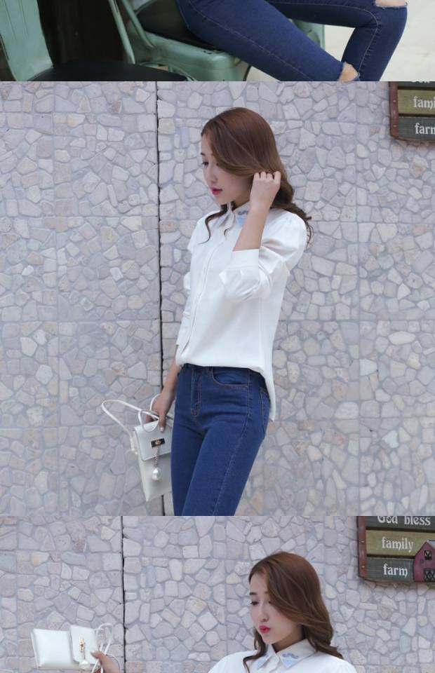 Học sinh trung học áo sơ mi nữ dài tay chạm đáy áo sơ mi nữ giảm béo nữ mùa xuân 2018 phong cách mới sơ mi nữ dài tay hàn quốc