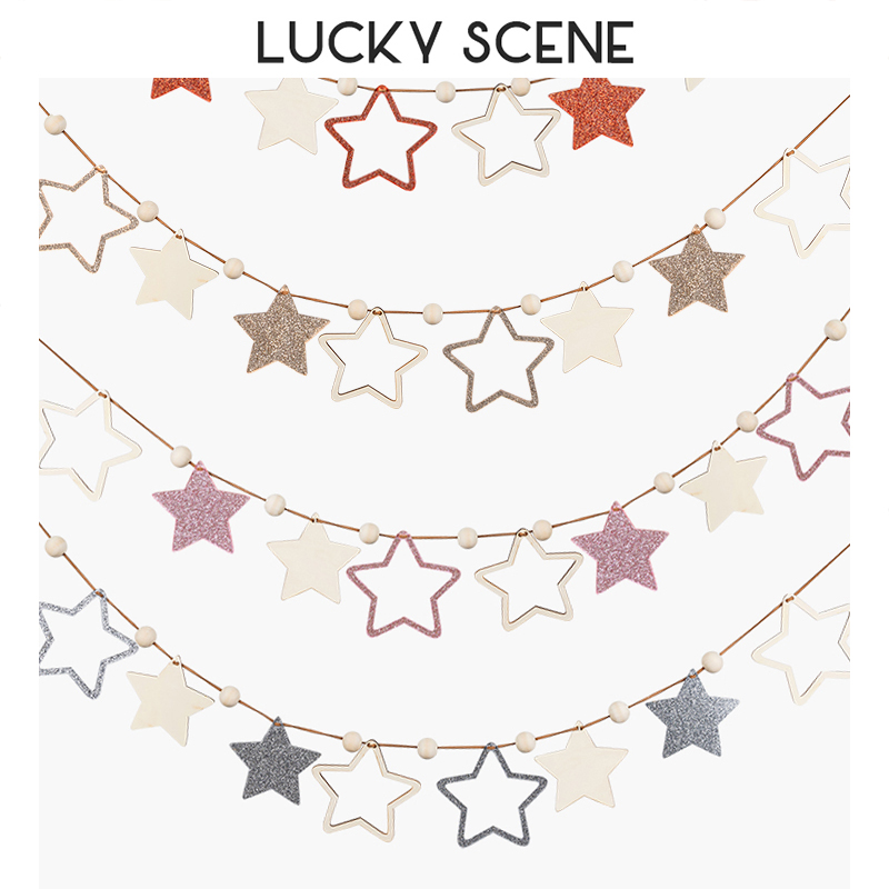 (Auspicious Props) Nordic Wind Hollowed-out Wood Chips Stars Hanging Curtain Home Decoration Party Holiday Wall Decoration Gold Red Color-Taobao