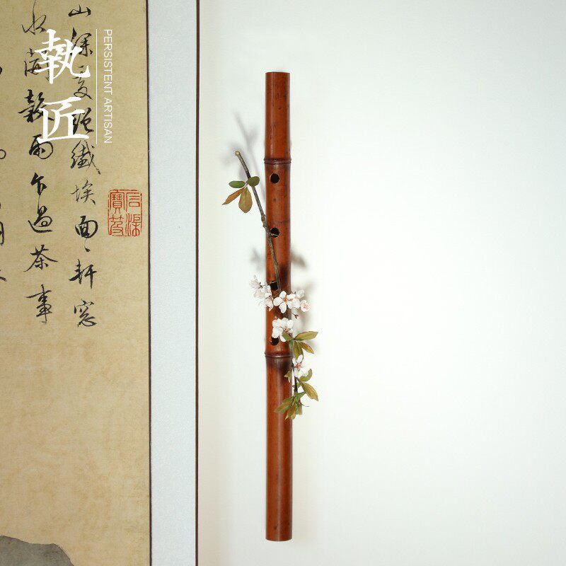 Day Style Bamboo Smoked Wall-mounted Floral Flower Arrangement Home Decorations Vase Flower Basket Pendulum with bamboo flute New Chinese Zen-Taobao