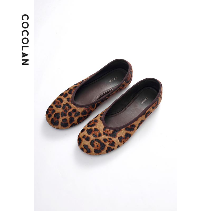 Cocolan【Leopard Print】Cowhide Round Toe Shallow Versatile Women's Shoes Leopard Print Flat Soft Sole Cl6Xz3227