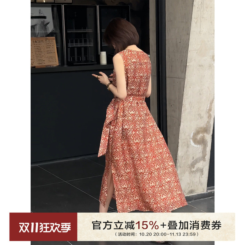 Cocolan【Hongluosan-Dress】Summer Linen Lyocell Tencel Sleeveless Printed Waist-Cinching Dress for Women