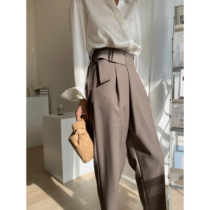 MUCCHIC side belt design Wild fashionable high waist pleated loose cropped trousers smoking pants