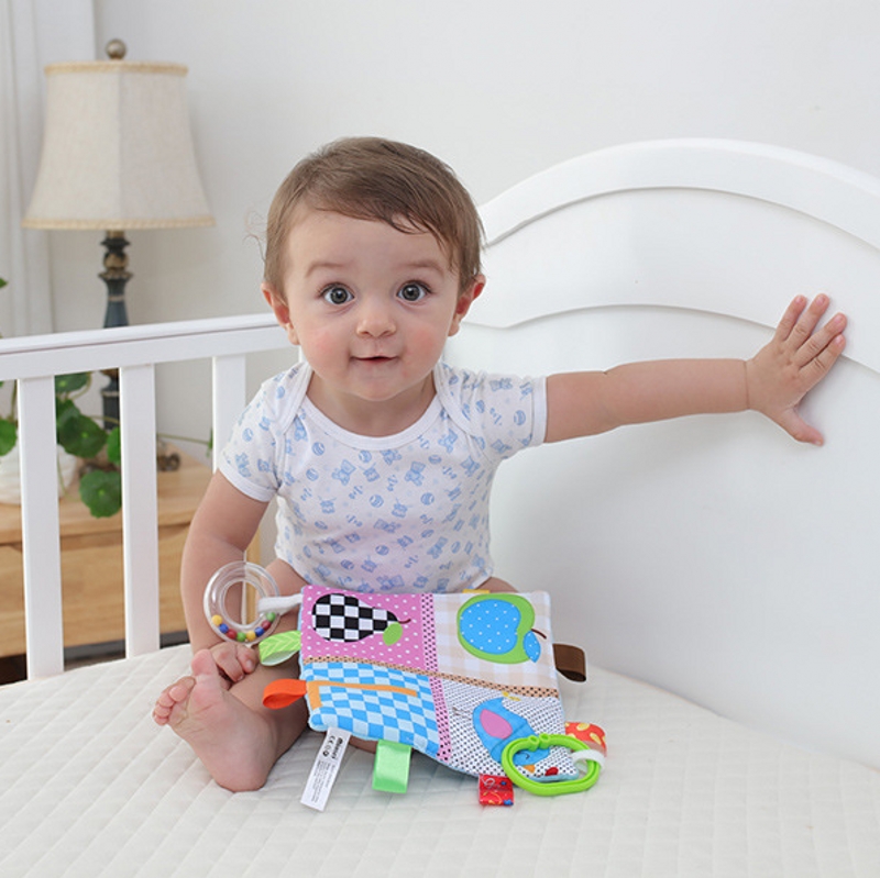 Baby red label appeasement towel with sound paper rocking bell hanging ring bean flour toy for 0-6-7-8-9-10-12 months 
