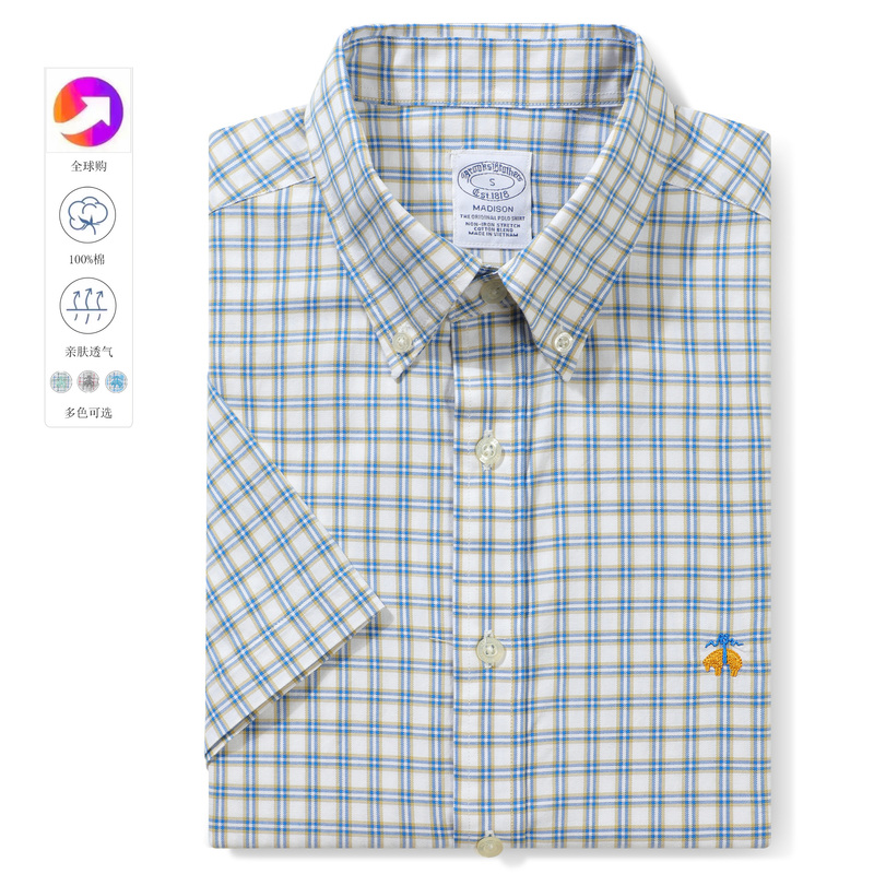 Brooks Genuine Plaid Short-Sleeve Shirt 25 New High-End Wrinkle-Free Loose Polo Men's Shirt