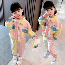 Childrens Clothing Girls Set Autumn 2020 Korean Edition Workwear Denim Color Block Single Mandarin Duck Pants Two-piece Baby Girl Dress
