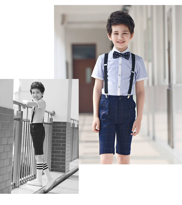 Trẻ em của hoa cô gái ăn mặc sàn catwalk máy chủ boy hiệu suất đàn piano điệp khúc bib boy hiển thị phù hợp với mùa hè