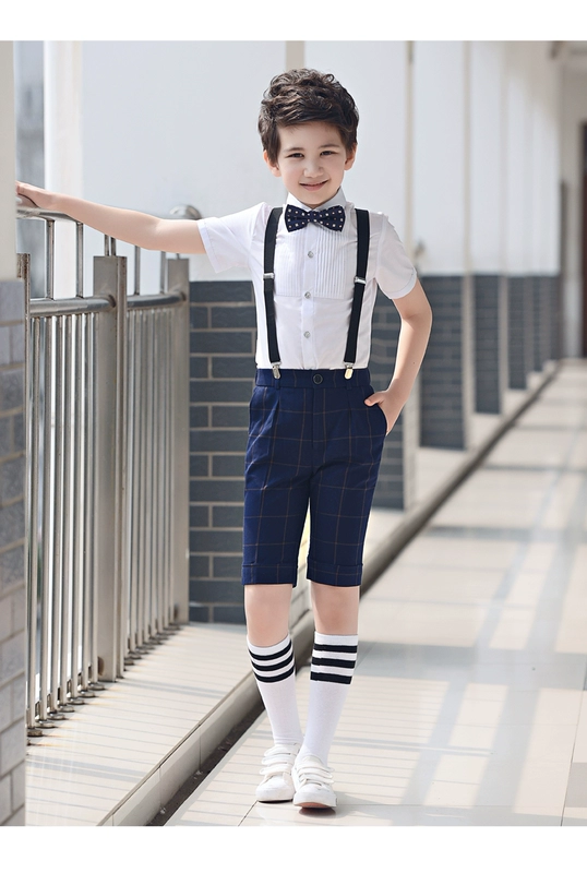 Trẻ em của hoa cô gái ăn mặc sàn catwalk máy chủ boy hiệu suất đàn piano điệp khúc bib boy hiển thị phù hợp với mùa hè