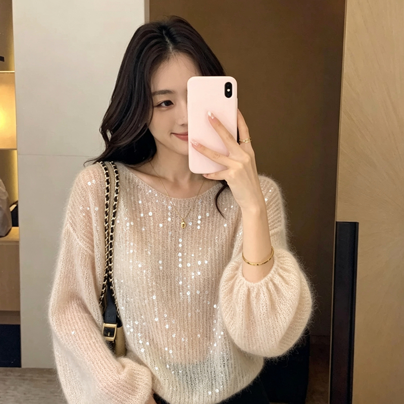 Sq Korean Style Gentle and Soft Lazy Sequin Atmospheric Knit Sweater for Women 2026 Autumn Slimming Round Neck Long Sleeve Top