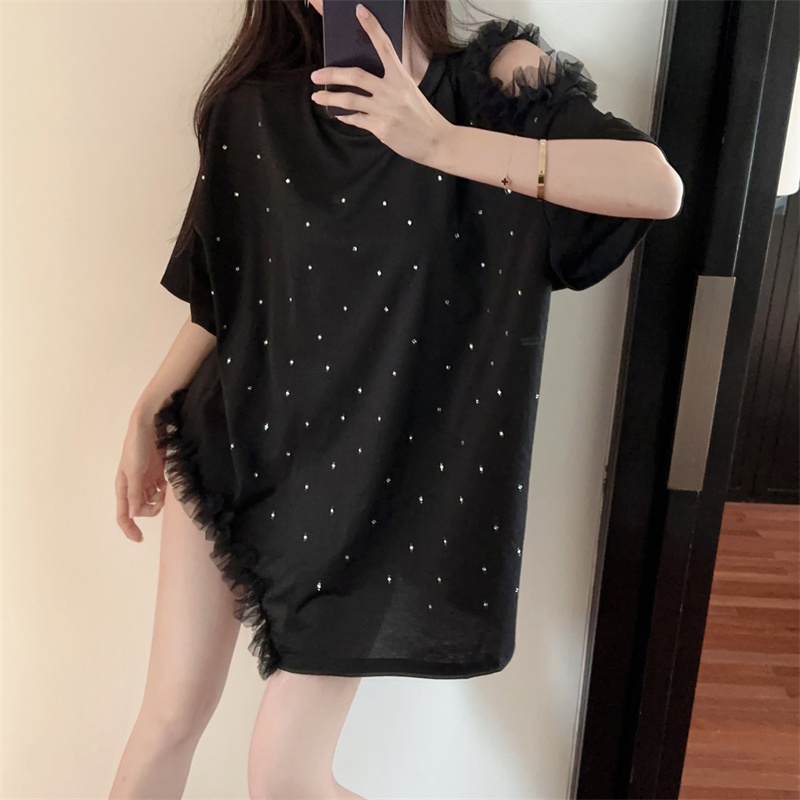 Extra Large Size for Plus-Size Women 150kg Unique and Chic Rhinestone Lace Loose Mid-Length Off-Shoulder Top Short-Sleeve T-Shirt