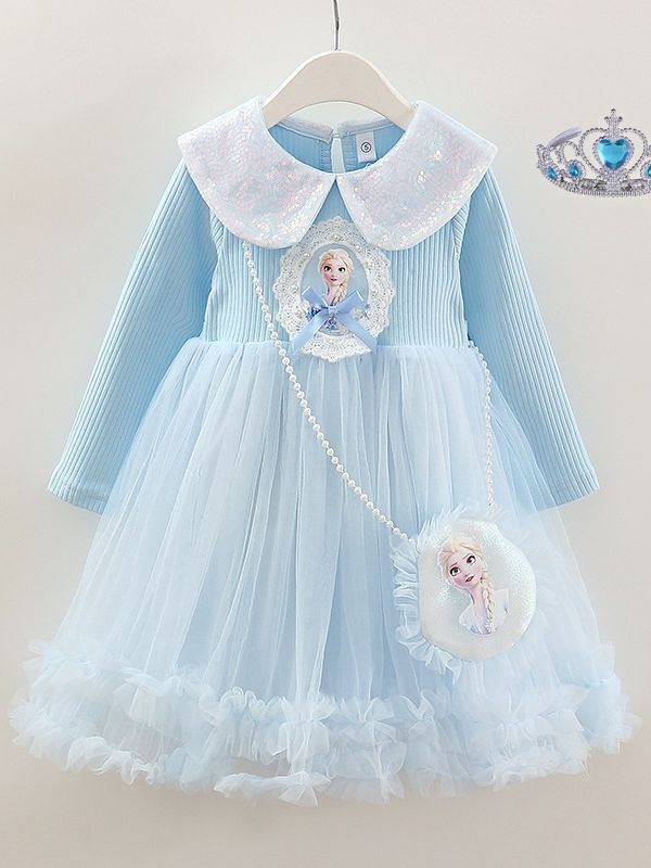 Girls' Elsa Princess Dress Spring and Autumn 2026 New Long-Sleeved Tulle Puffy Dress Children's Stylish Cake Dress