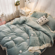 ins girl heart hair ball coral velvet bed four-piece princess style warm crystal velvet flannel quilt cover sheets