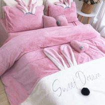 ins girl heart winter Princess wind Rabbit Rabbit velvet coral velvet four-piece bed sheet quilt cover