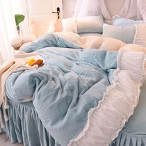 Korean girl heart lotus leaf lace princess style cashmere bed skirt four-piece warm coral velvet flannel quilt cover
