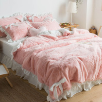 ins bow girl heart Lace Rabbit velvet four-piece warm double-sided Crystal velvet coral velvet quilt cover sheets