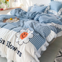 Korean girl heart embroidered Plaid water washing cotton bed four-piece cotton cotton princess style lace bed sheet quilt cover
