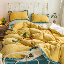 ins Net red milk velvet bed four-piece set Winter coral velvet girl lace quilt cover warm double flannel