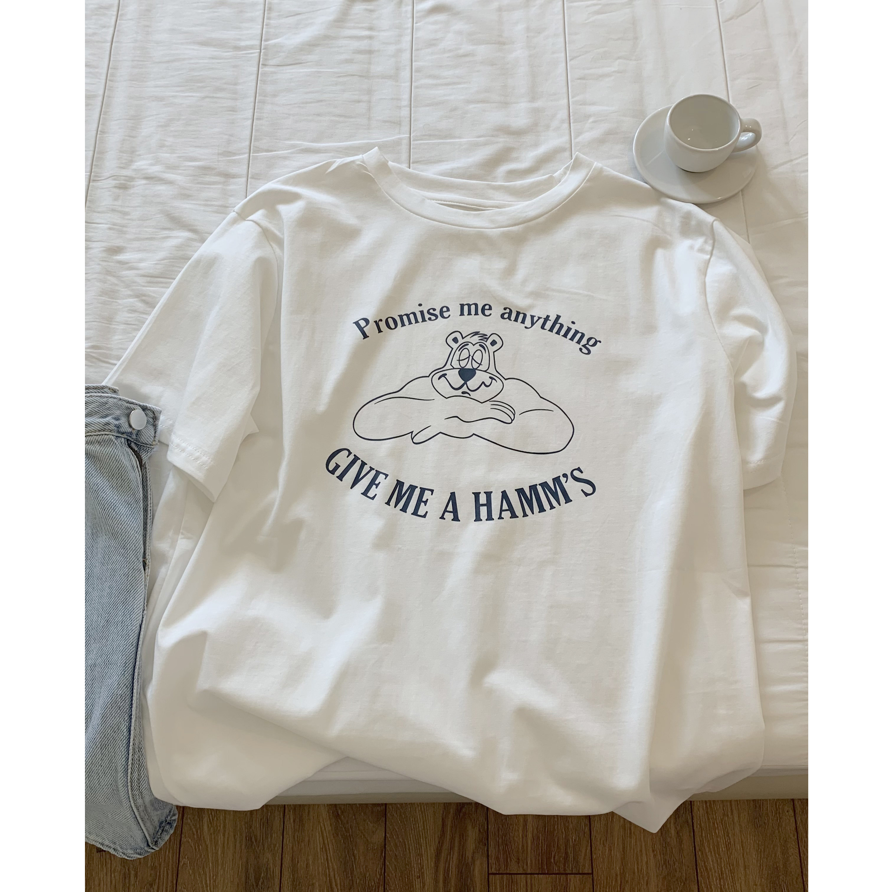 Spot] Missqiuqiu Autumn Home Homemade (Bear Bear) Round Collar Loose Milk Sugar Sweetened Cartoon T-shirt Short Sleeve