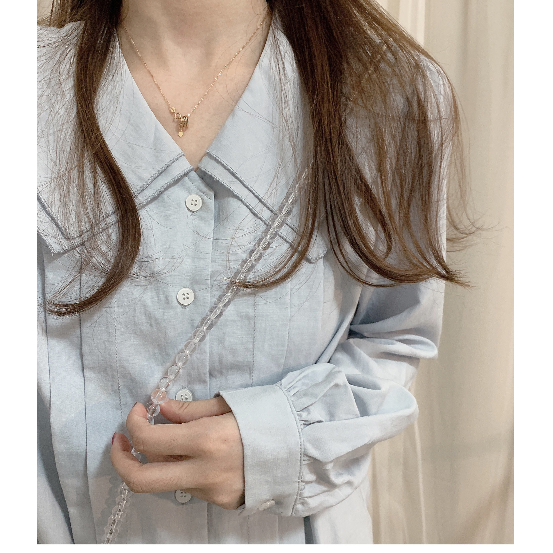 Miss qiuqiu Qiujia homemade gentle blue girly design sense long-sleeved solid color sweet shirt