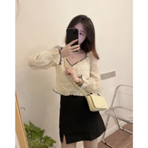 Spot] missqiuqiu autumn home made (slightly sweet water Jade beige) slightly tipsy girl small shirt top