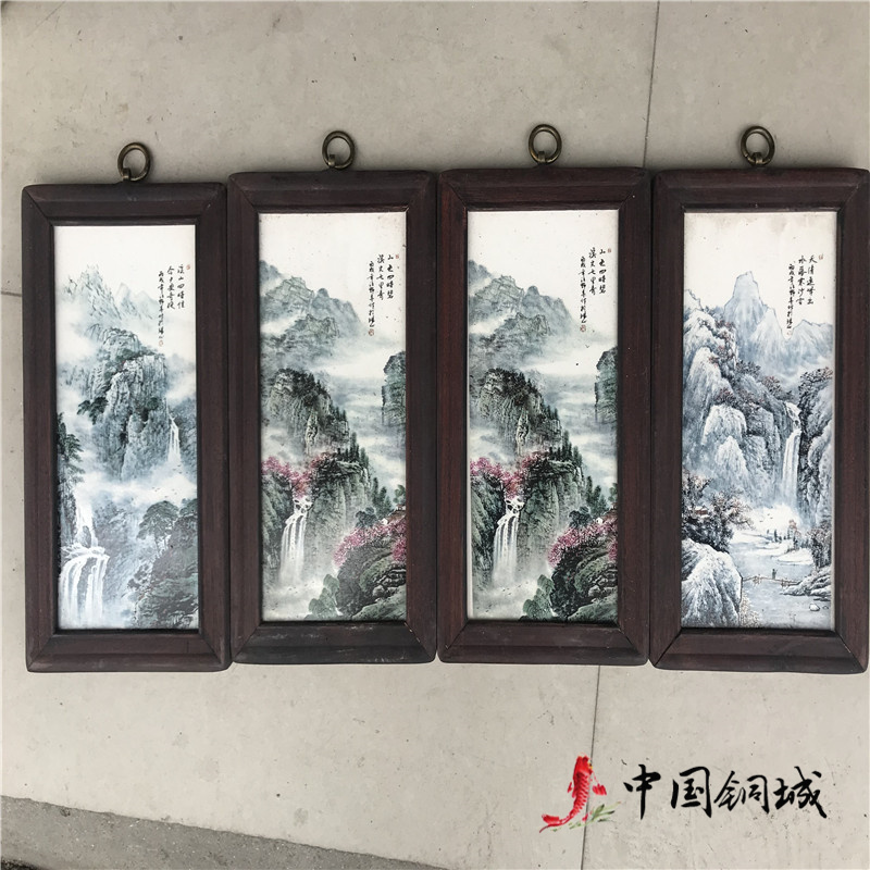 Porcelain plate painting Jingdezhen Ceramics Painting Pink Hanging Painting Bedroom Decoration Painting 4-bar Mural Solid Wood Frame Ancient Painting Portable
