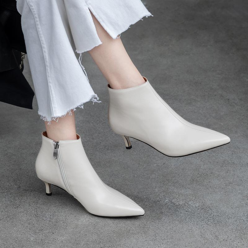 Genuine Leather Pointed Toe Stiletto Ankle Boots Off-White Autumn and Winter Fleece-Lined High Heels Kitten Heel Boots Mid-High Heel Women's Shoes