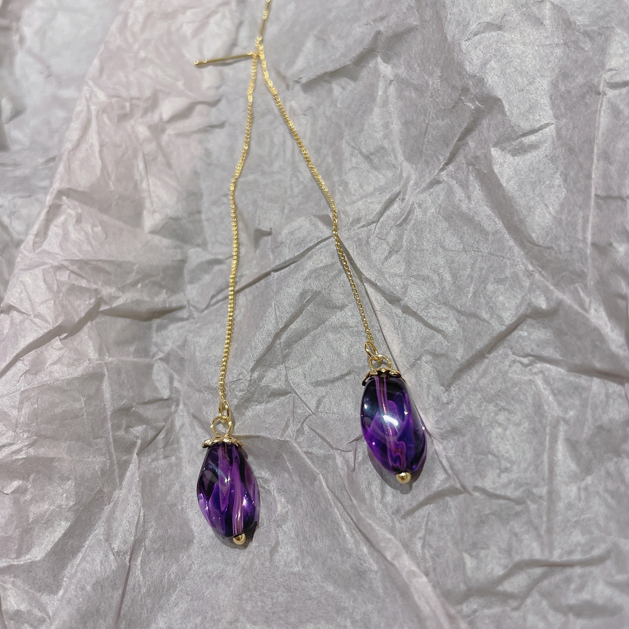 Special Price Temperament Natural Amethyst Swivel Cylindrical 14k Bag Gold Ear Necklace Pair