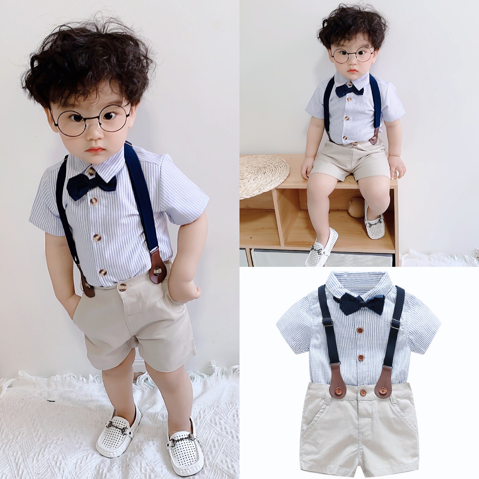 Summer boys gentleman short sleeve suit Baby holding baby bag pants two-piece set 1-year-old baby birthday flower girl British dress
