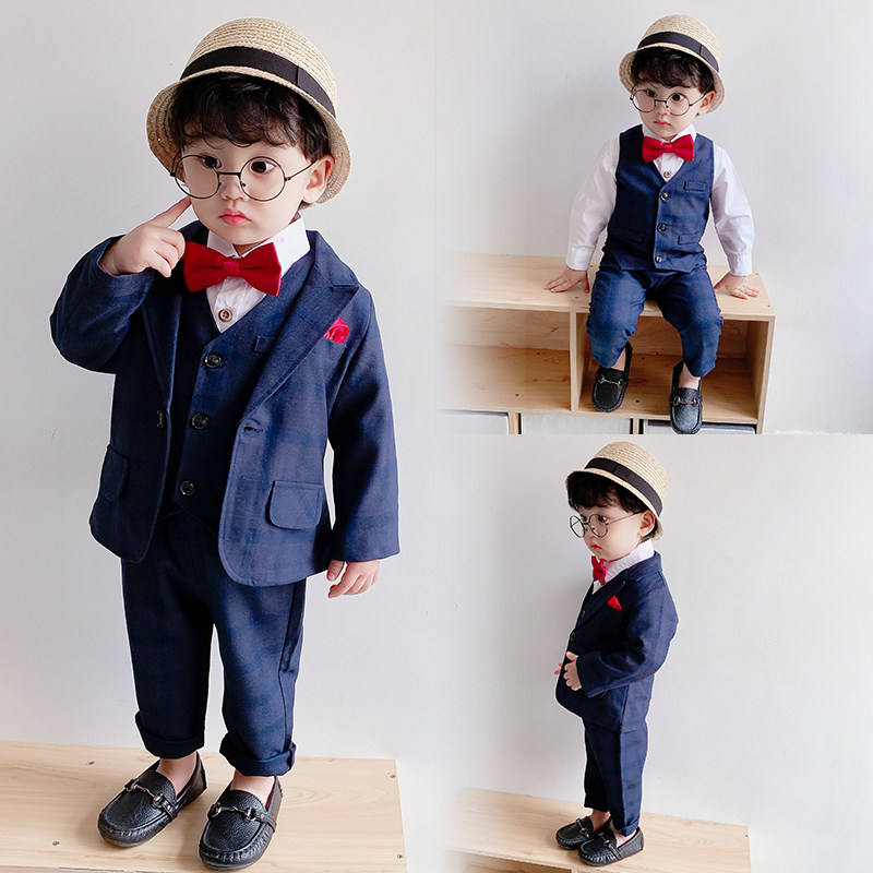 Boys' Suit Set Three-Piece Children's Suit British Flower Boy Spring and Autumn Dress Baby Year-Old Costume Costume