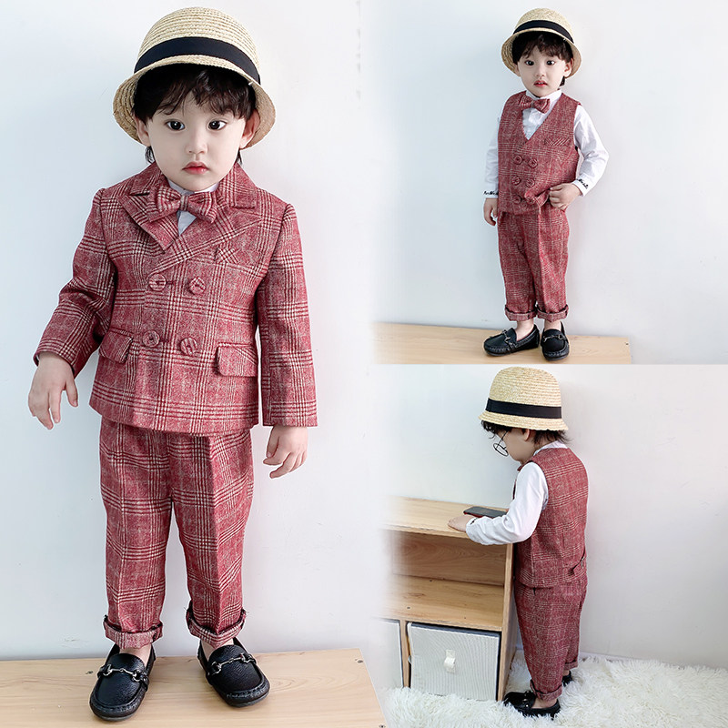 Baby Spring Autumn Suit Boy Han Version Casual West Suit Baby Birthday Gown Winter Plus Velvet Flower Boy Gentleman Tide