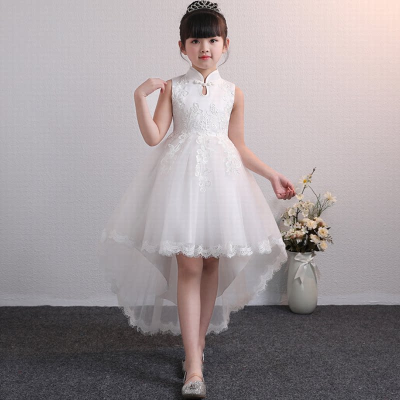 Toddler summer dress girls dinner spring white dress princess dress catwalk show front short back long tuxedo skirt - Taobao