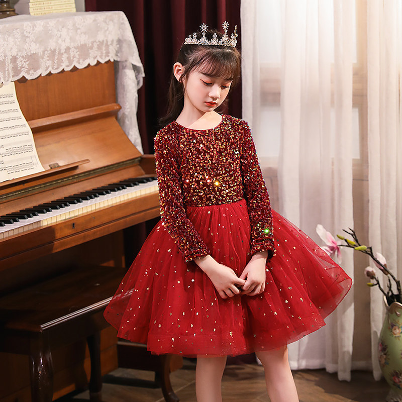Girls red performance dress winter New Year's dance costume flower girl princess dress ten-year-old children's birthday dress