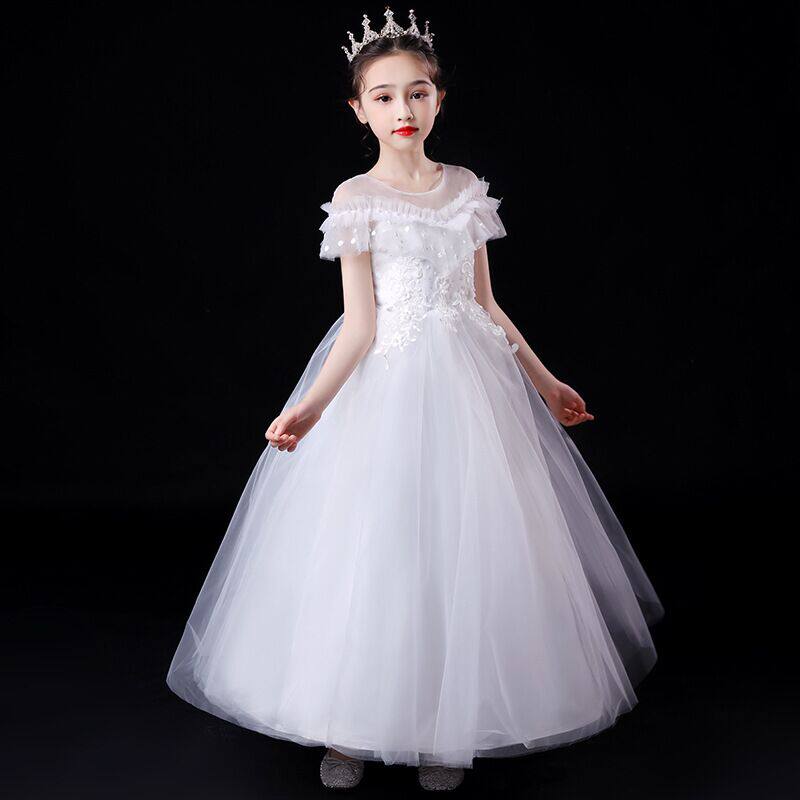 Big girl host dress 170120 catties white gauze skirt performance costume performance princess dress flower girl wedding dress - Taobao