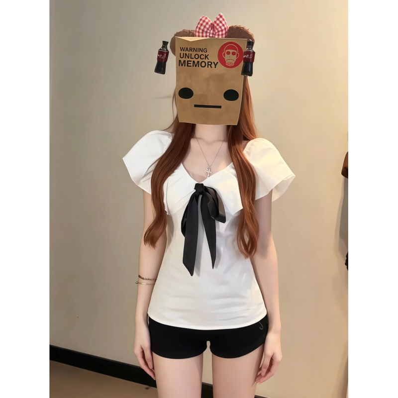 Plus-Size Spicy Girl Style V-Neck Tie Bow Short-Sleeve T-Shirt, Unique and Fairy-Like Waist-Cinching Top for Summer Plus-Size Spicy Girl Style V-Neck Tie Bow Short-Sleeve T-Shirt, Unique and Fairy-Like Waist-Cinching Top for Summer