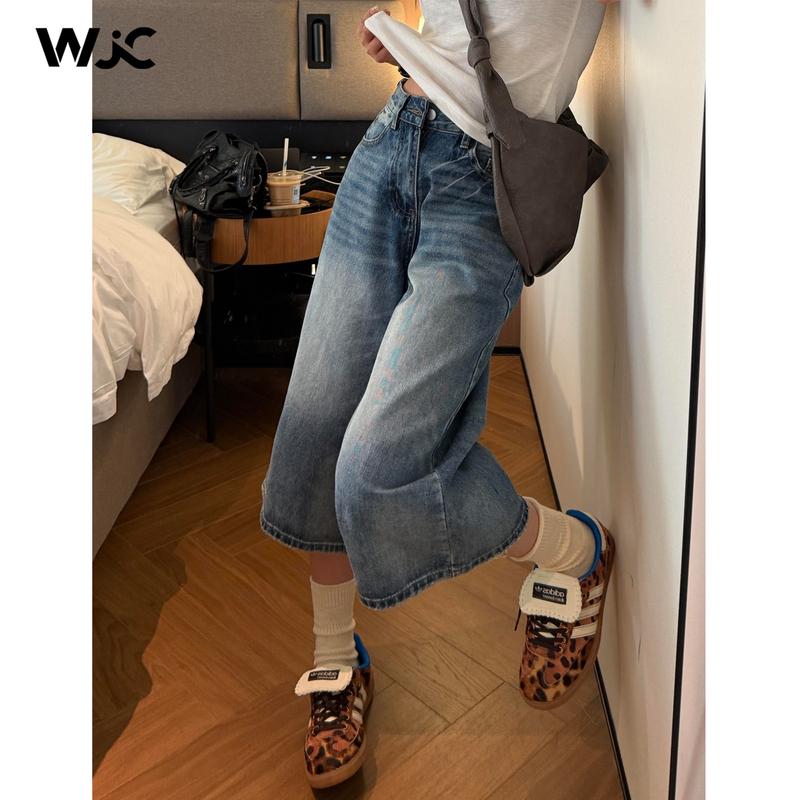 American Retro Cropped Jeans for Women 2026 Summer New High-Waisted Slimming Loose Drape Straight Wide-Leg Mid-Length Pants