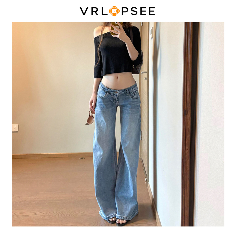 Vrlopsee Light Blue American-Style Low-Waist Jeans for Women, New Autumn Wide-Leg Loose Slimming Flared Pants