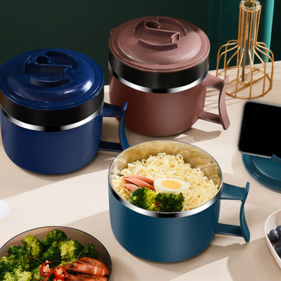 学生日式可爱不锈钢保温带盖泡面碗套装