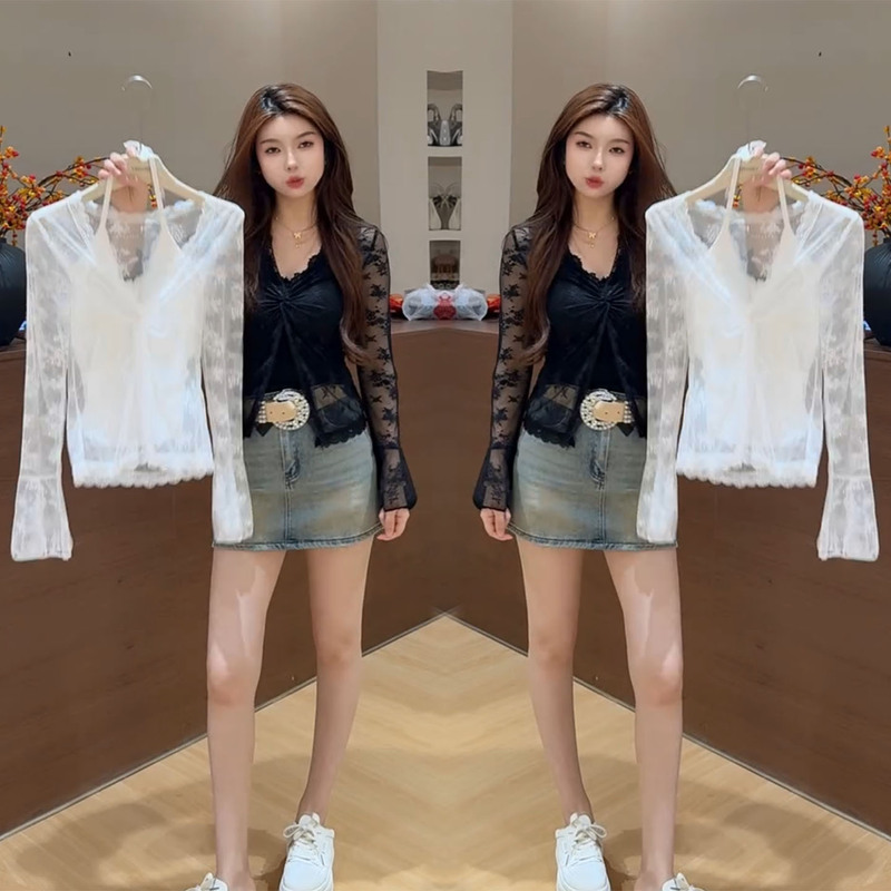 High-End Lace Splicing V-Neck Long-Sleeved Shirt for Women, New Summer Style, Pure Color, Elegant Design, Sun Protection Top, Trendy