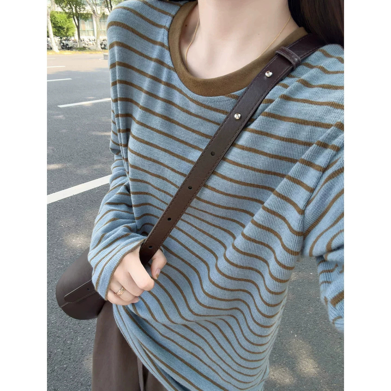 Blue Retro Striped Long-Sleeve Knit Sweater for Women, Autumn 2026 New Korean Style Loose Color-Blocking Base Top, Slimming Effect