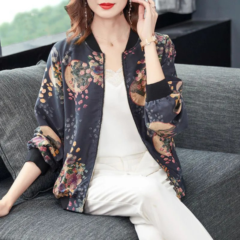 Mother's Silk Jacket for Women, New Spring and Autumn Style, Loose Fit, Plus Size, Printed Silk Shirt, Baseball Jacket